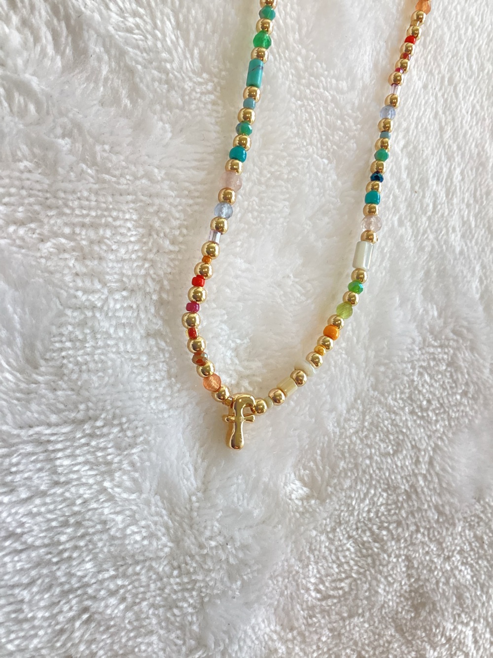 Anthropologie 14KT Gold Plated Monogram Necklace Beaded Bubble Lowercase F - Picture 3 of 6